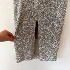 Express Silver Sequin Ruched Stretch Midi Skirt | XS