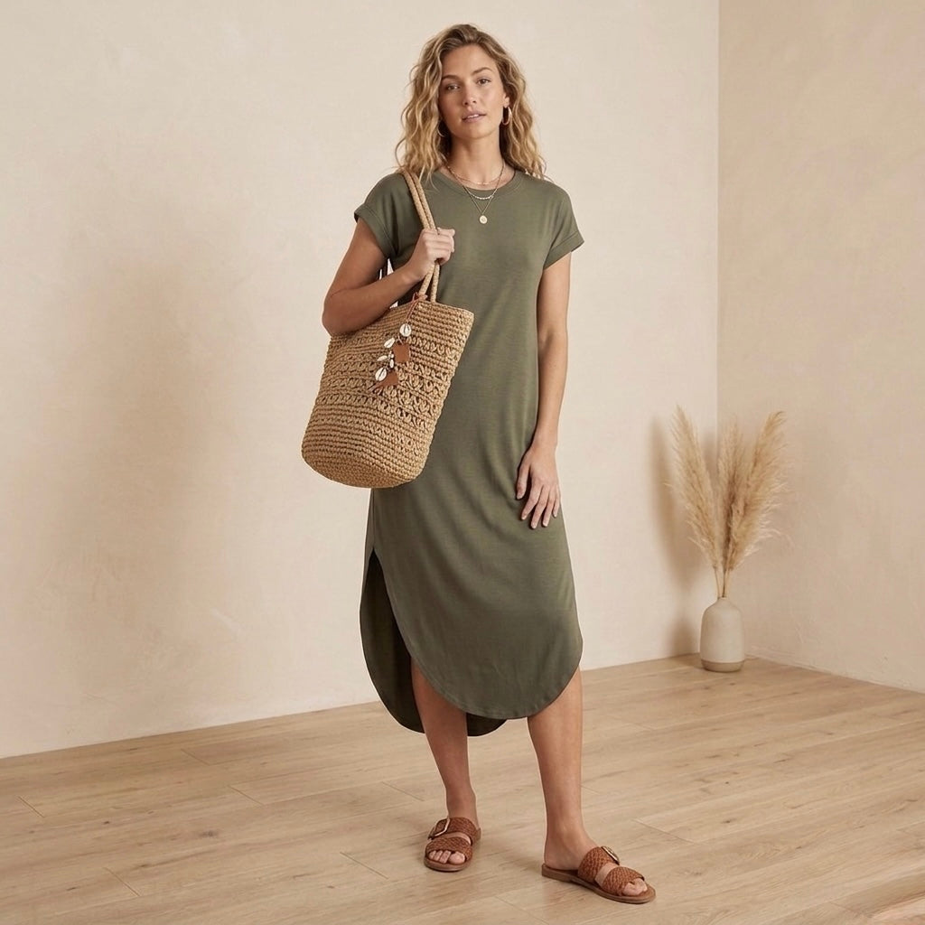 Women's Olive Green Midi Jersey Dress | Small