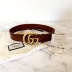Gucci GG Marmont Brown Faded Leather Antique Brass Wide Belt | XS