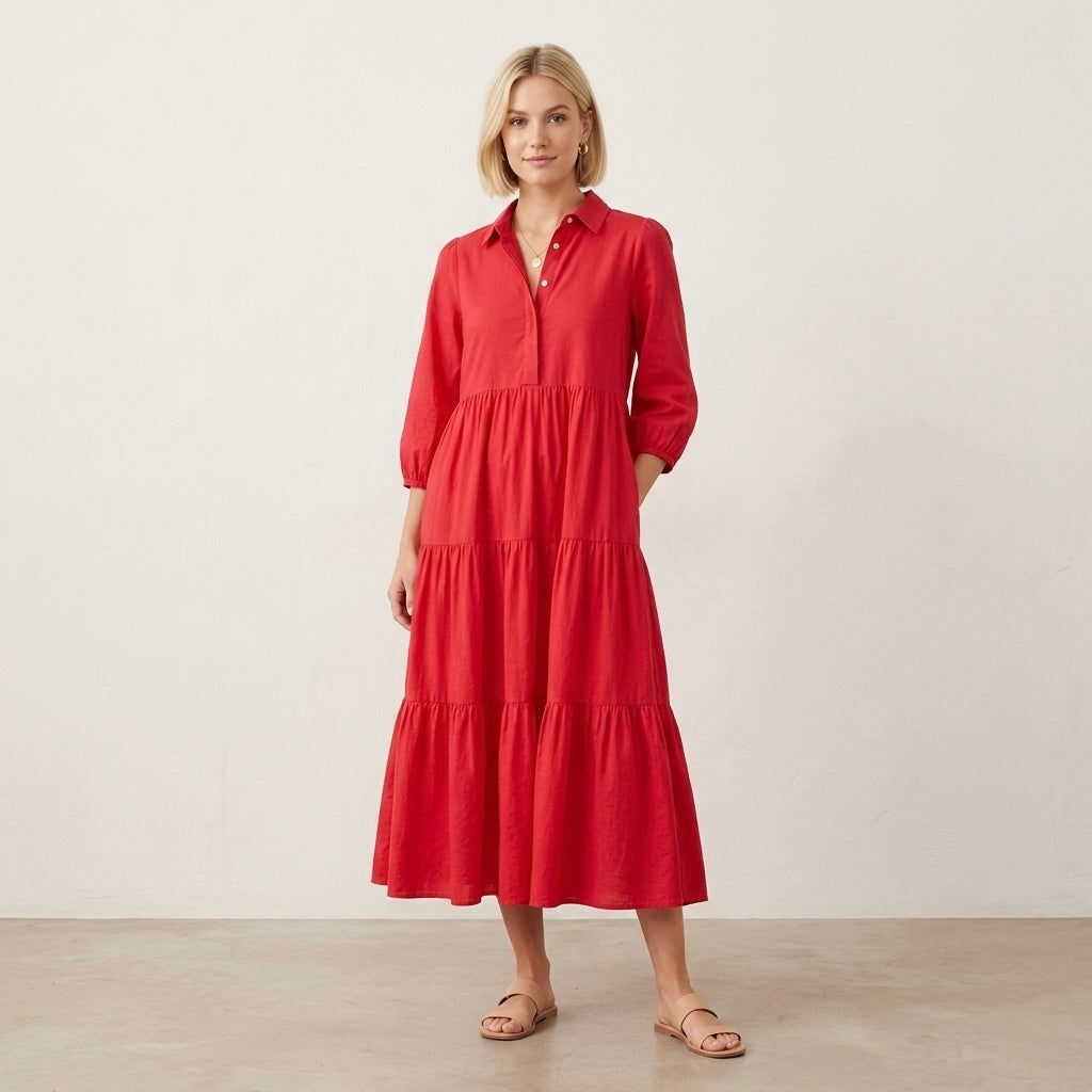Pommander Place Hibiscus Red Cotton Mabel Tiered Maxi Dress, |XS