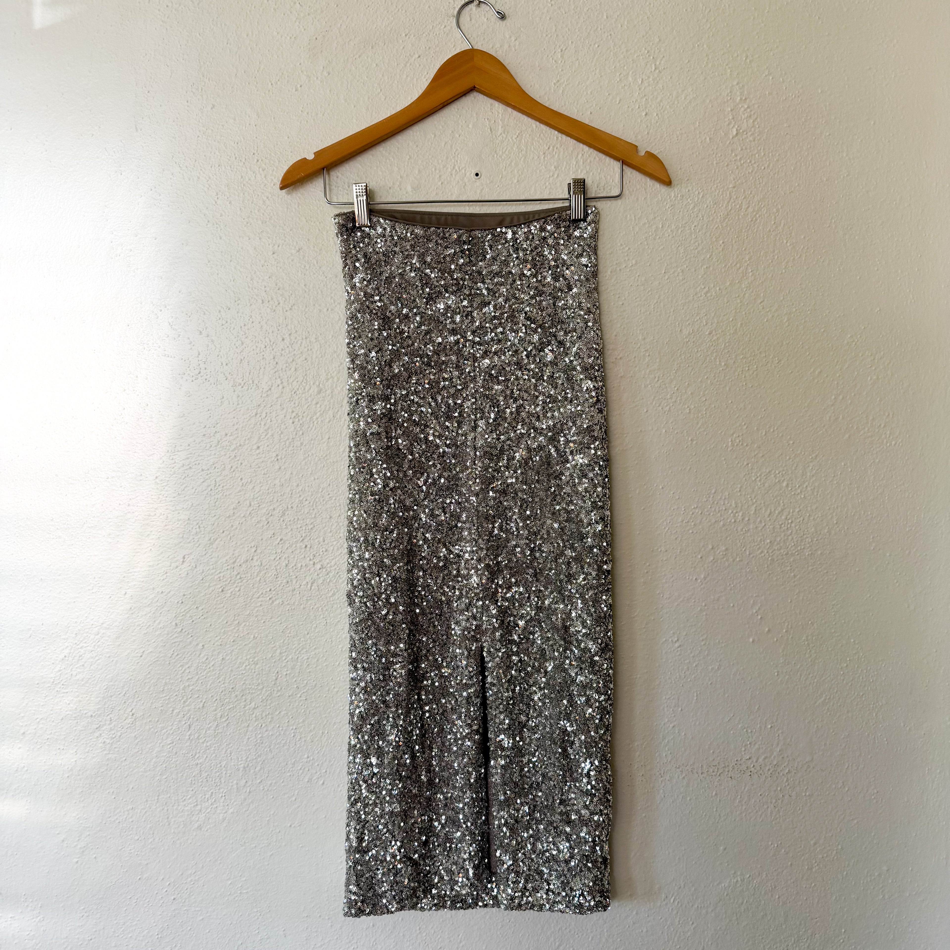Express Silver Sequin Ruched Stretch Midi Skirt | XS