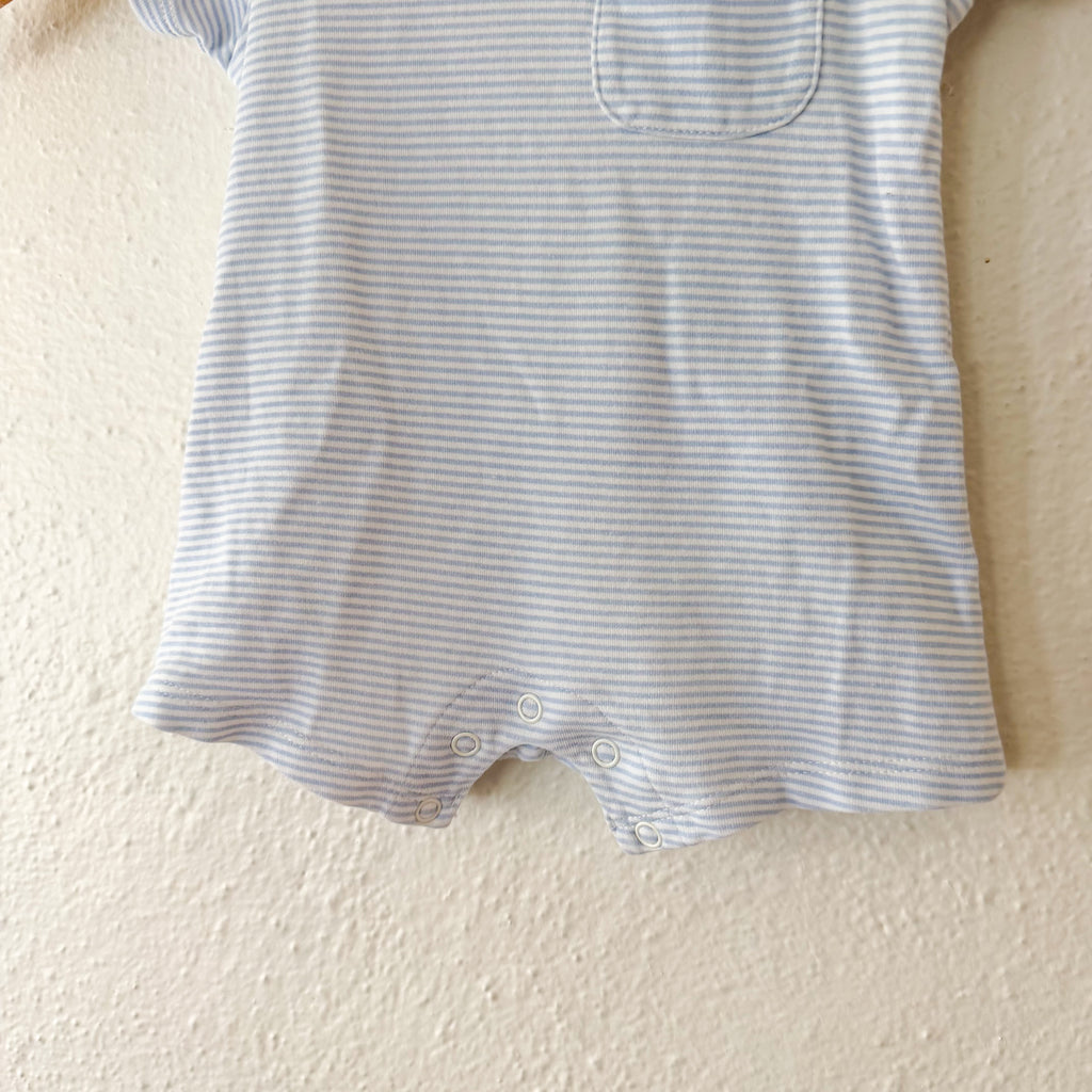 MNG Mango Blue White Pinstripe Short Sleeve Romper with Pocket | 3-6m