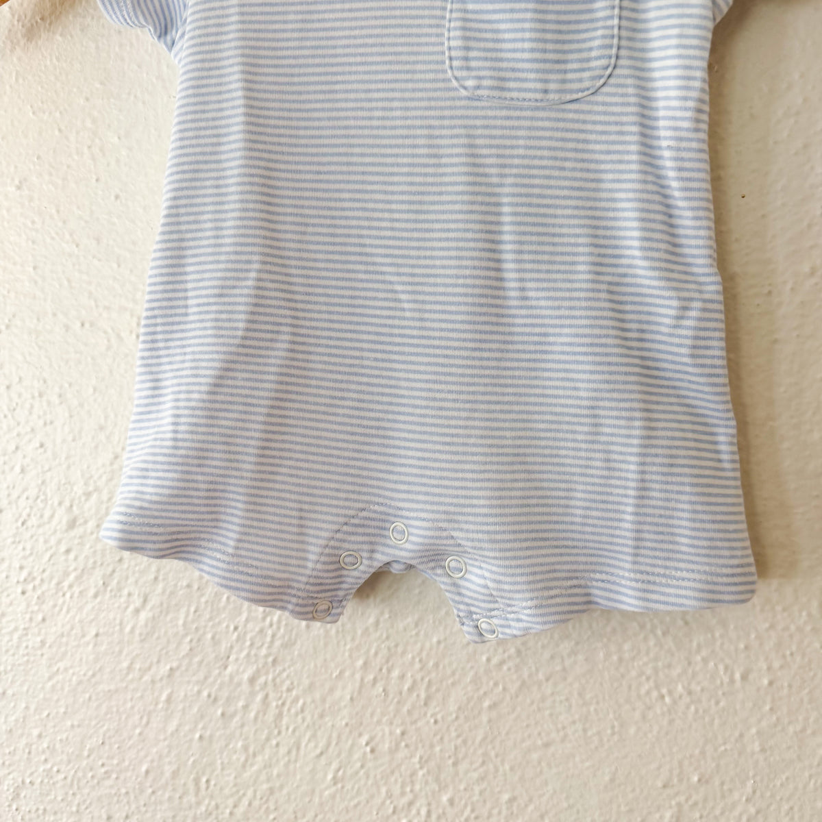 MNG Mango Blue White Pinstripe Short Sleeve Romper with Pocket | 3-6m