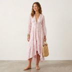 Free People Pappiet Midi Long Sleeve Boho Dress in Pink Ivory Floral | XS