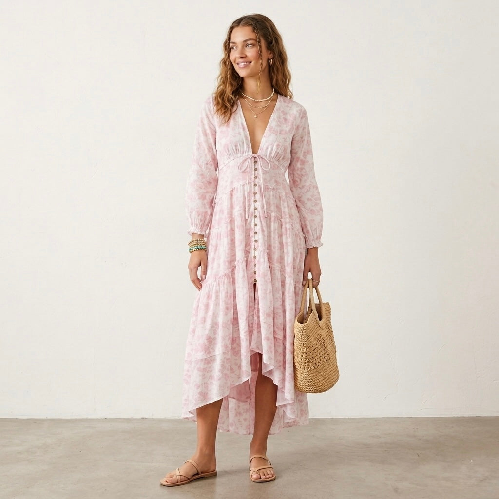 Free People Pappiet Midi Long Sleeve Boho Dress in Pink Ivory Floral | XS