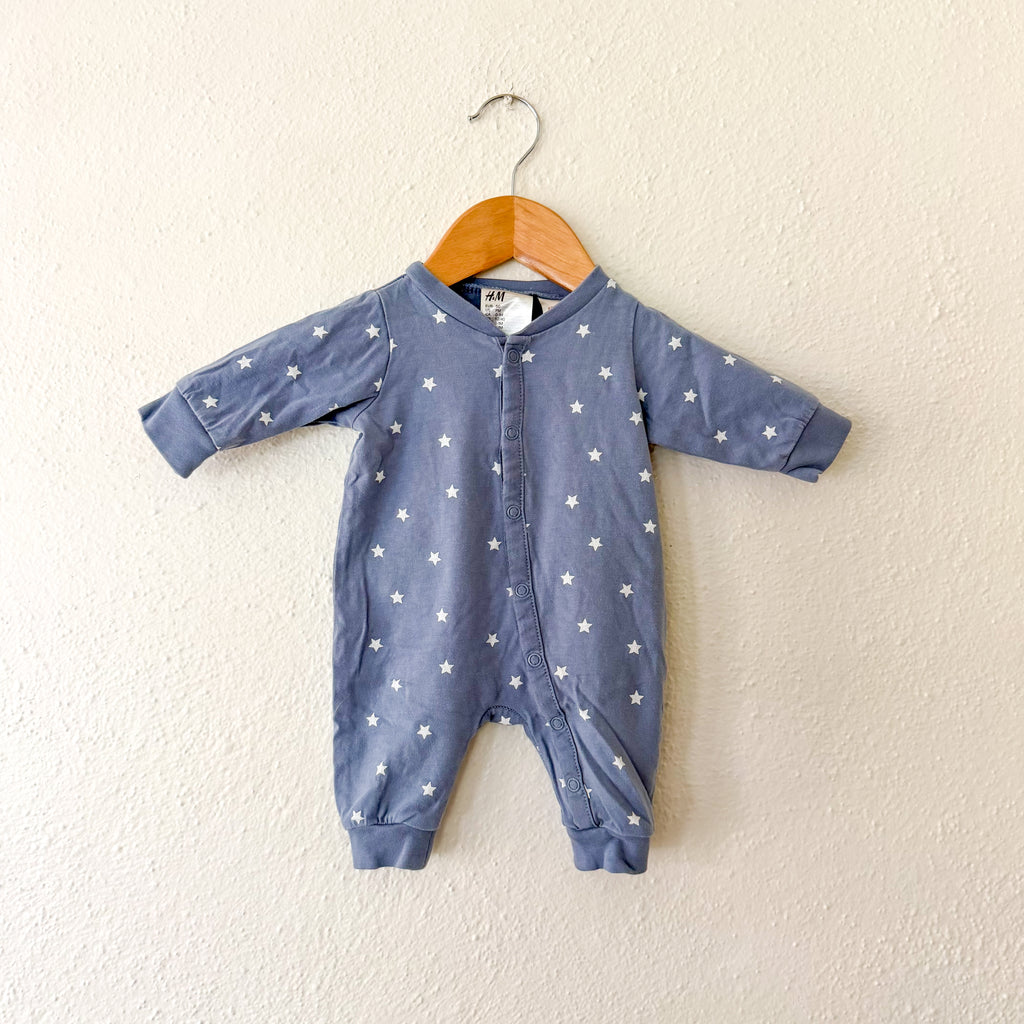 H&M Ocean Blue Cream Stars Snap Long Sleeve Jumpsuit | Premie