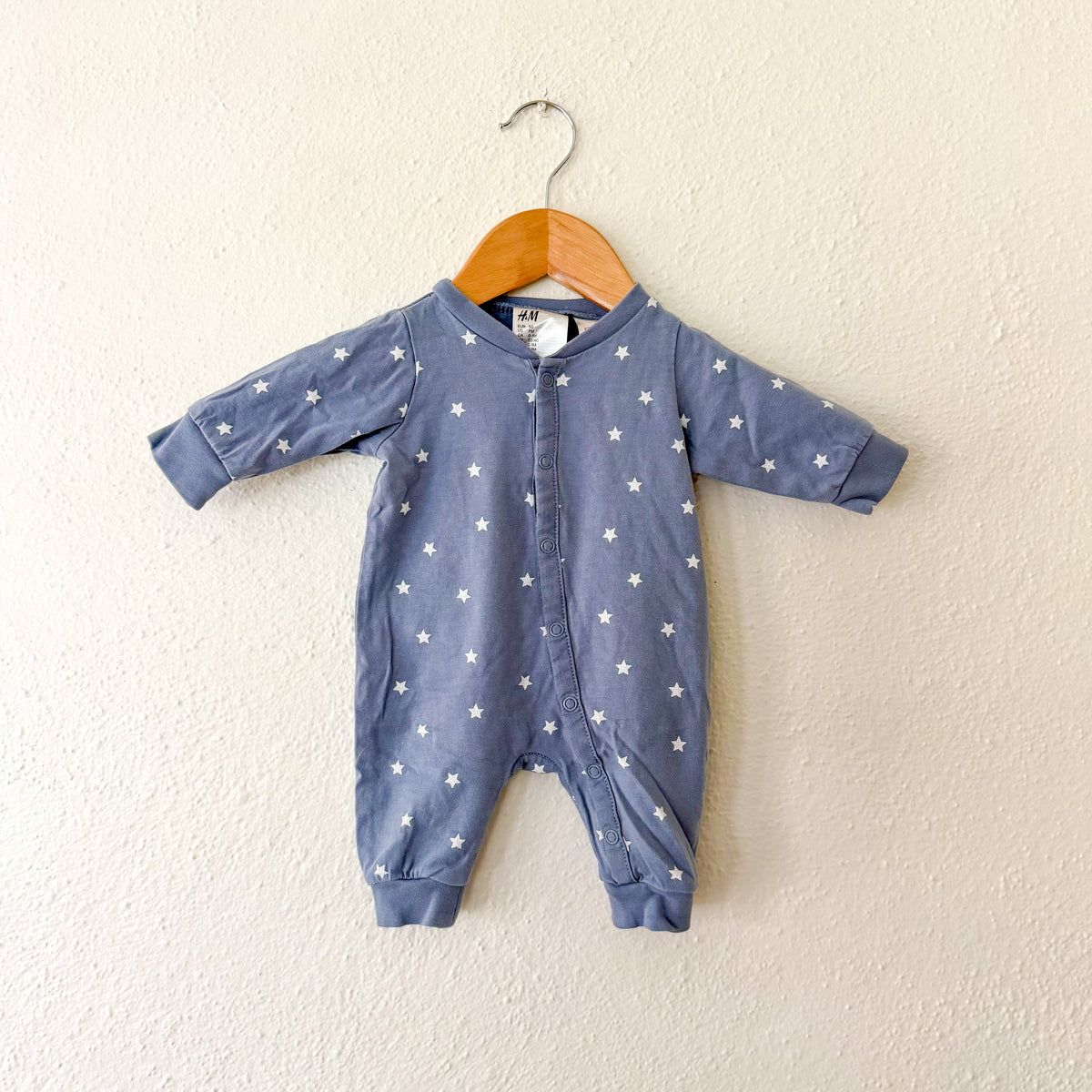 H&M Ocean Blue Cream Stars Snap Long Sleeve Jumpsuit | Premie