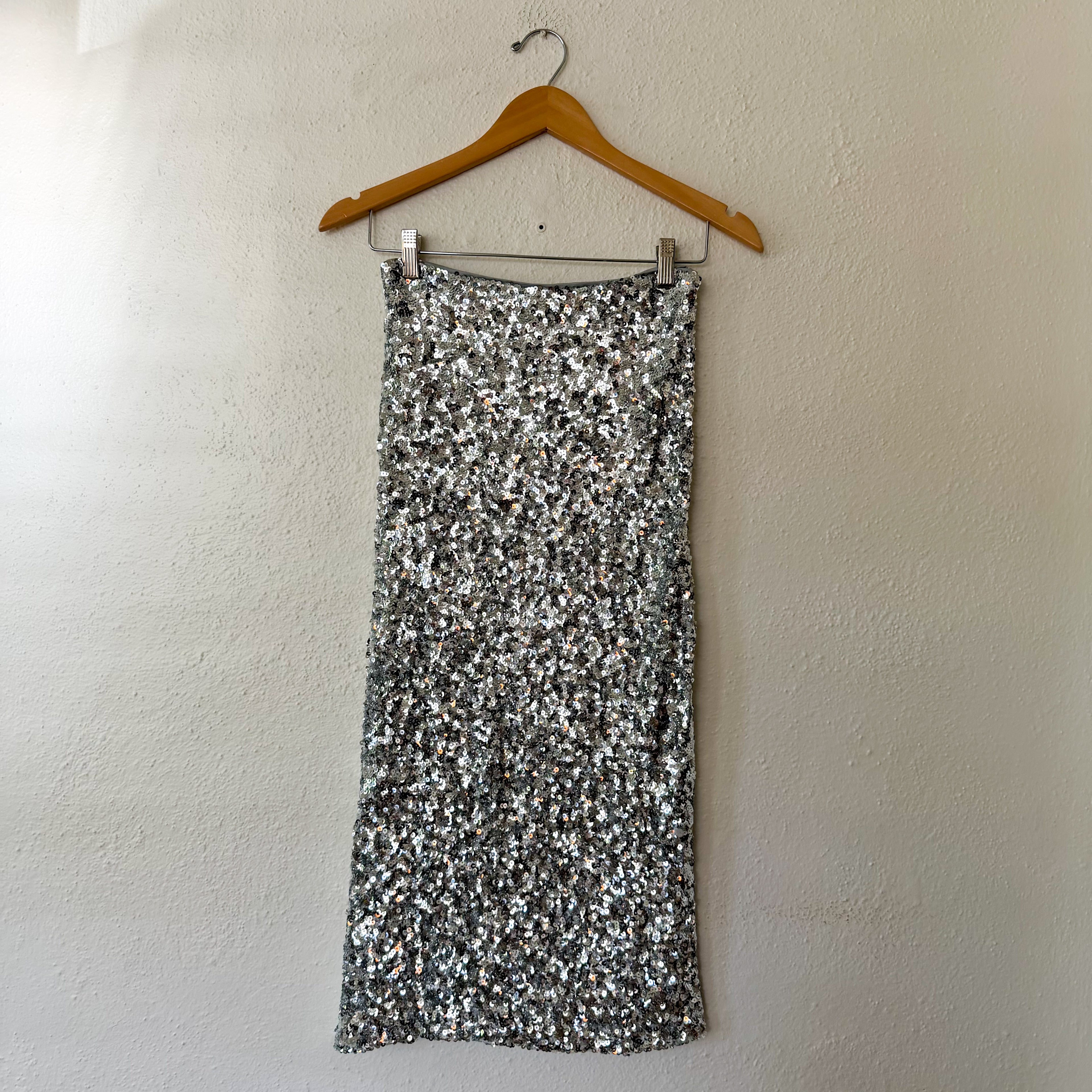 Mango MNG Silver Sequin Midi Straight Pencil Skirt | S