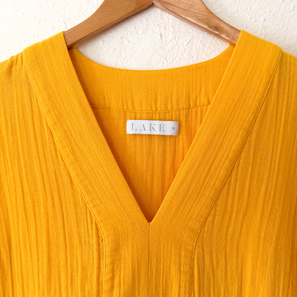 LAKE Golden Yellow 100% Cotton Gauze Caftan Midi Dress | XS