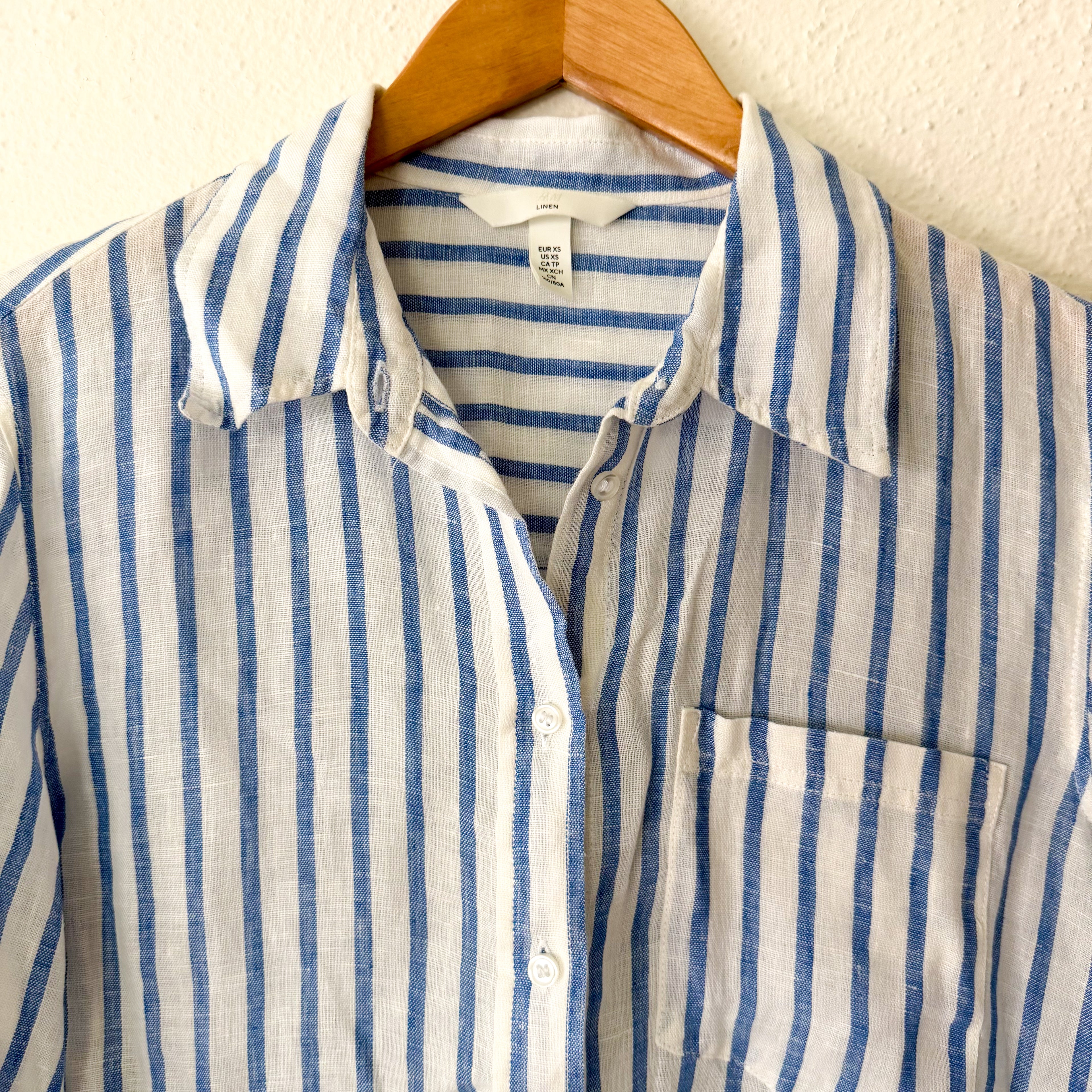 H&M 100% Linen Blue & White Stripe Button Down Long Sleeve Shirt | XS