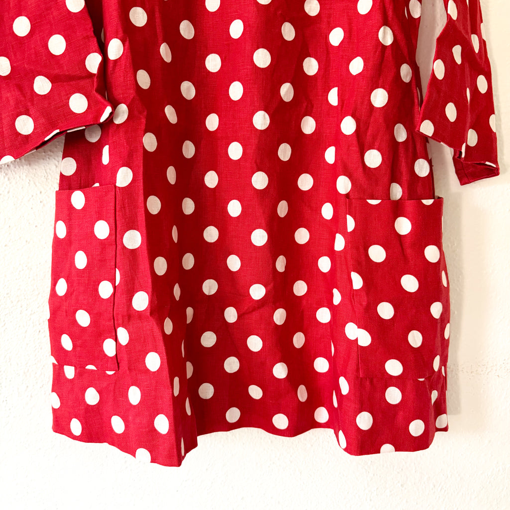 Posse Nina 100% Linen Red Polka Dot Elbow Sleeve Shift Mini Dress | S