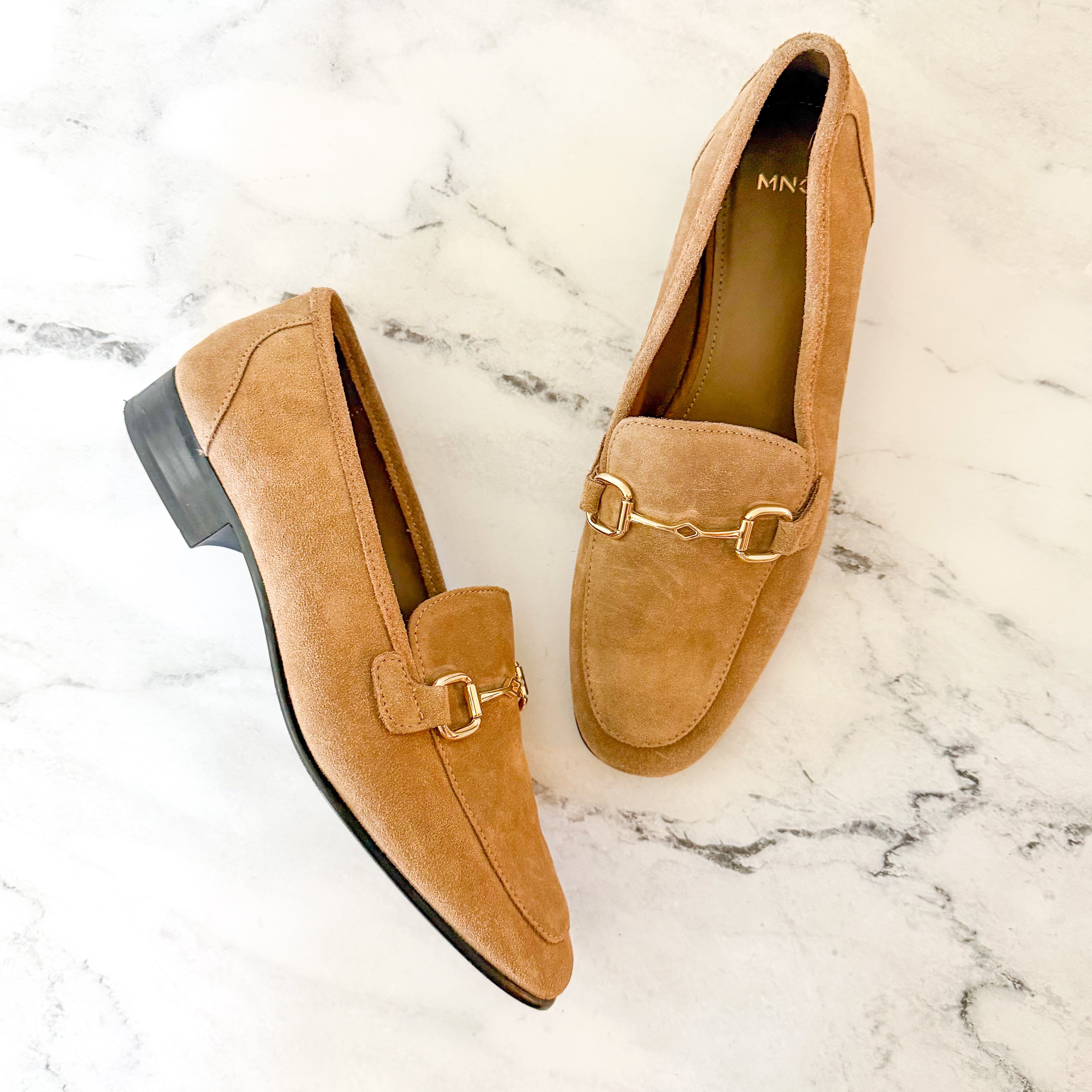 MNG Mango Suede Horsebit Buckle Loafers in Caramel, sz 37/US 6.5
