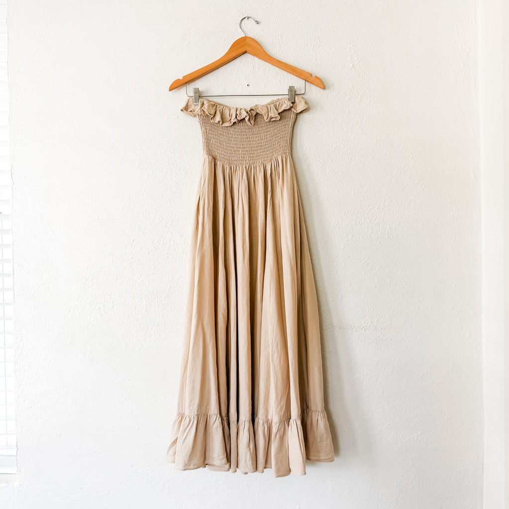 Free People Tan Lush Life Linen Smocked Strapless Dress in Bleached Sand | XS