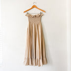Free People Tan Lush Life Linen Smocked Strapless Dress in Bleached Sand | XS