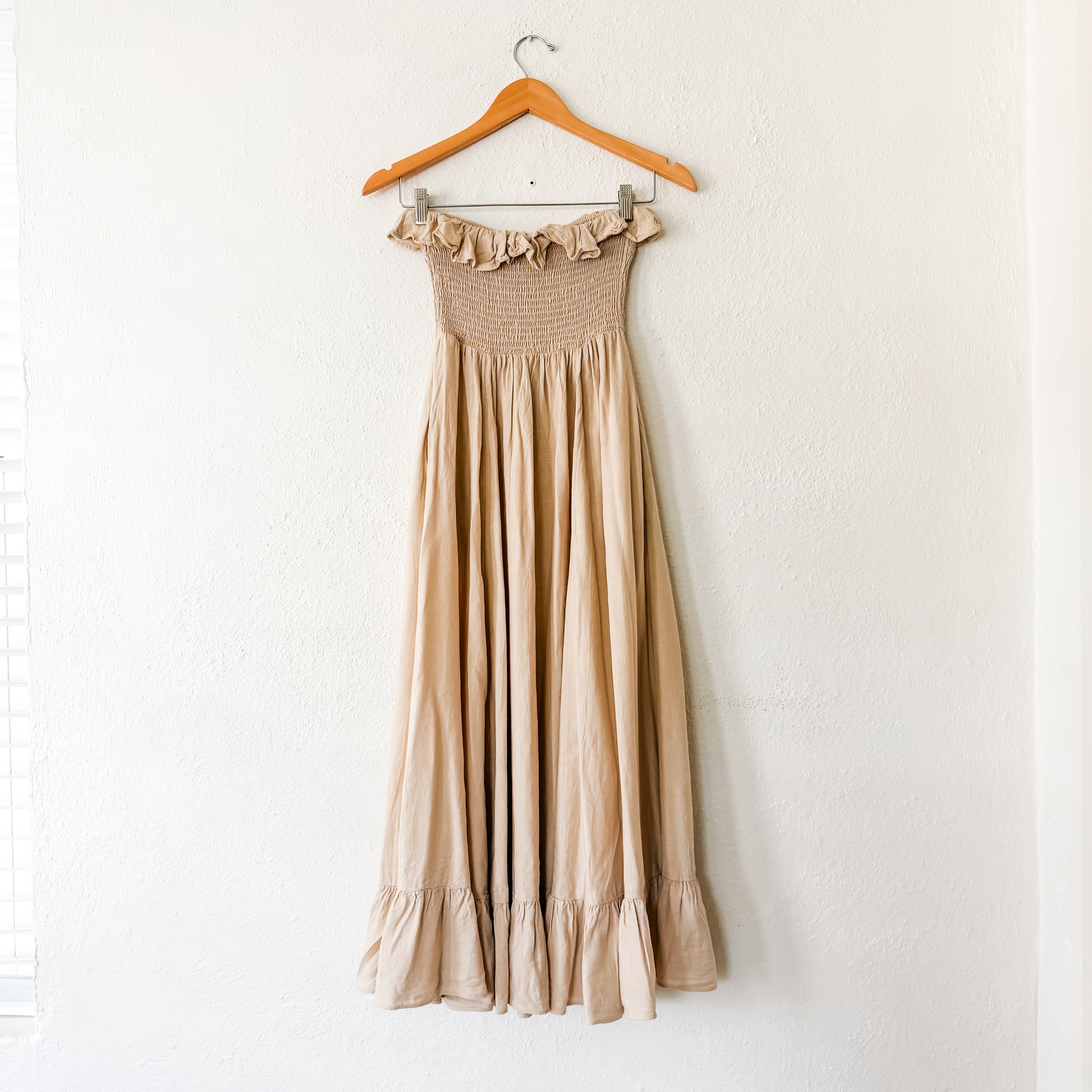 Free People Tan Lush Life Linen Smocked Strapless Dress in Bleached Sand | XS