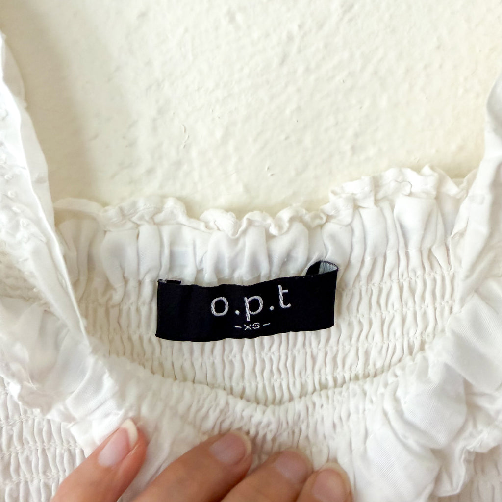 O.P.T. Calypso Cotton Smocked White Swiss Dot Midi Dress | XS