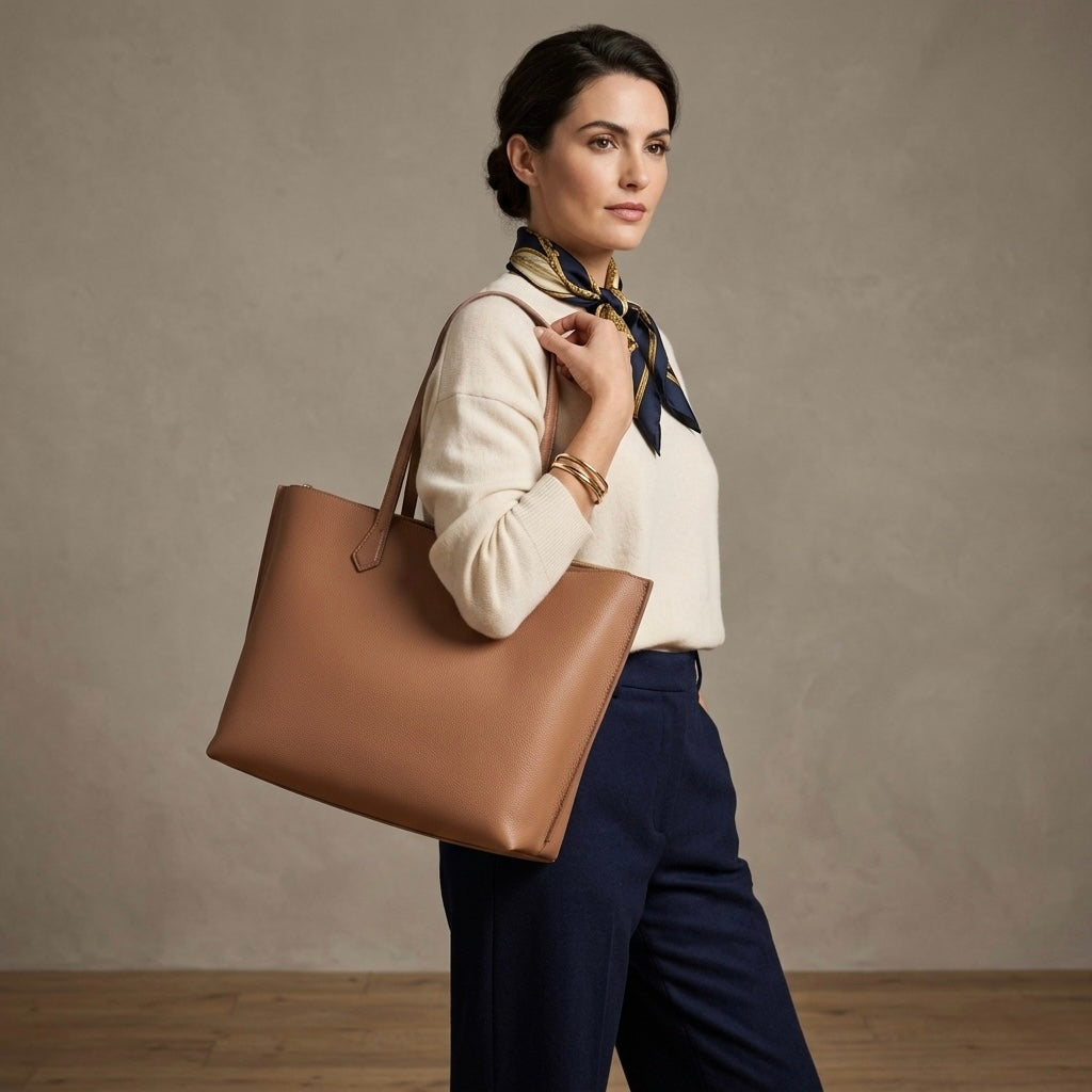 Quince Italian Leather Triple Compartment Shopper Tote in Cappuccino