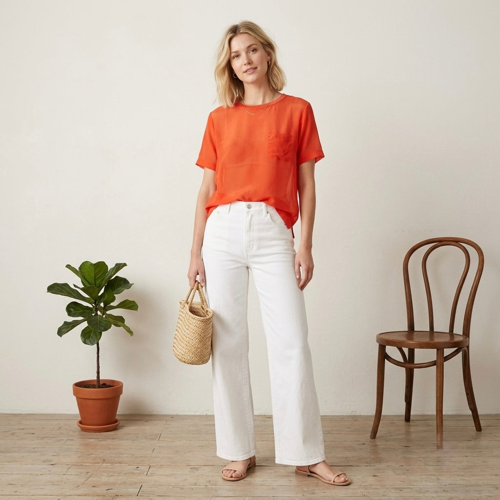 Vince 100% Silk Fire Orange Sheer Pocket Tee |  M