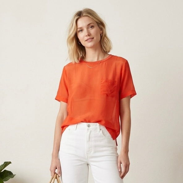 Vince 100% Silk Fire Orange Sheer Pocket Tee |  M