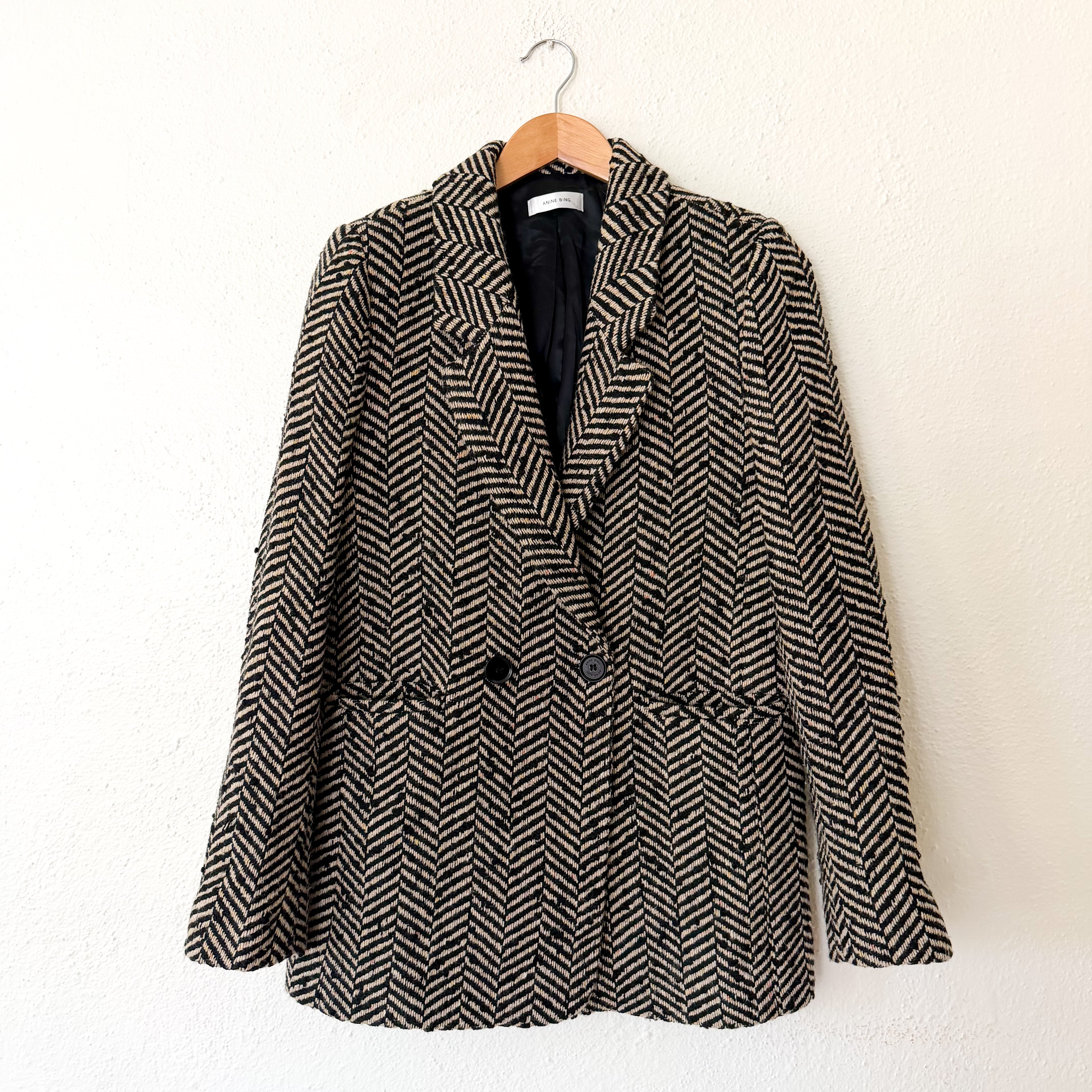 Anine Bing Diana Fishbone Wool Blend Blazer Jacket in Black | XS