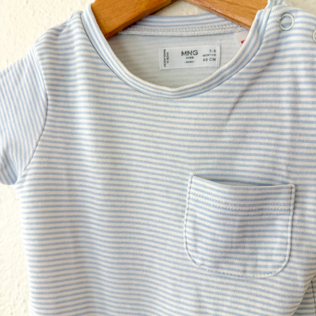 MNG Mango Blue White Pinstripe Short Sleeve Romper with Pocket | 3-6m