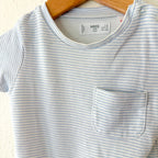 MNG Mango Blue White Pinstripe Short Sleeve Romper with Pocket | 3-6m
