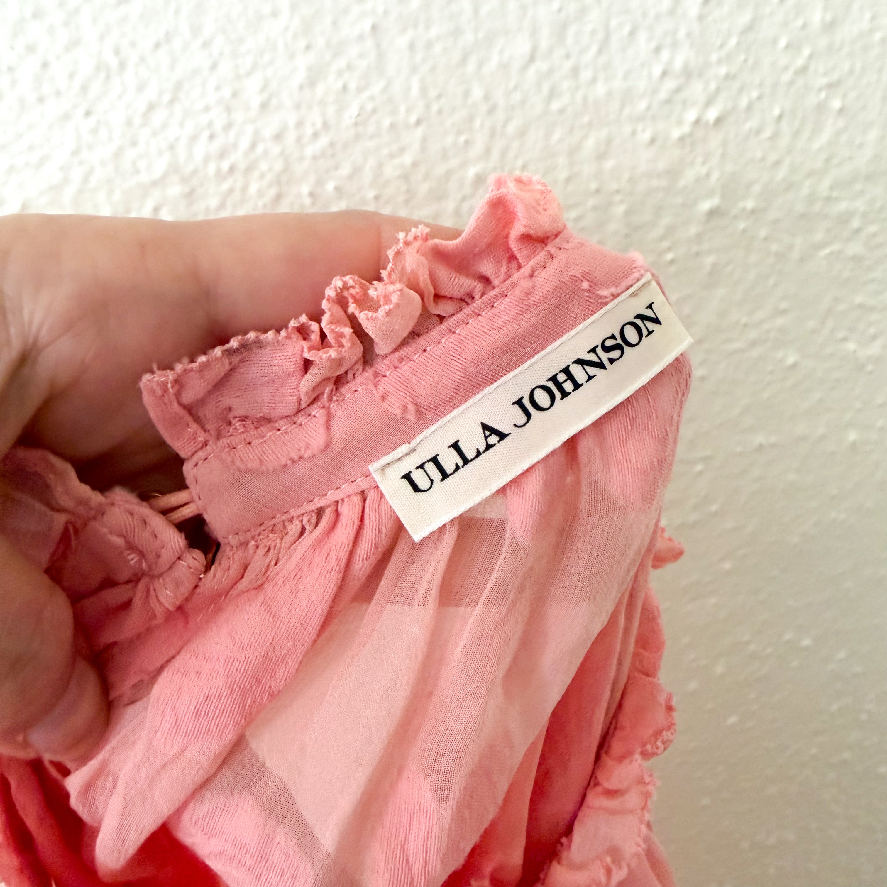 Ulla Johnson Sheer Silk Blend Floral Ruffle Mock Neck in Coral | 2