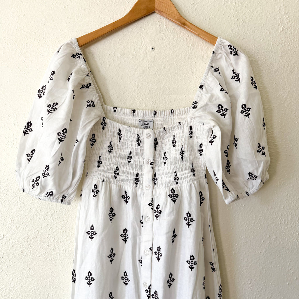 Love, Tomas Emerson Fry Linen Blend Boho Half Sleeve Block Print Maxi Dress | XS