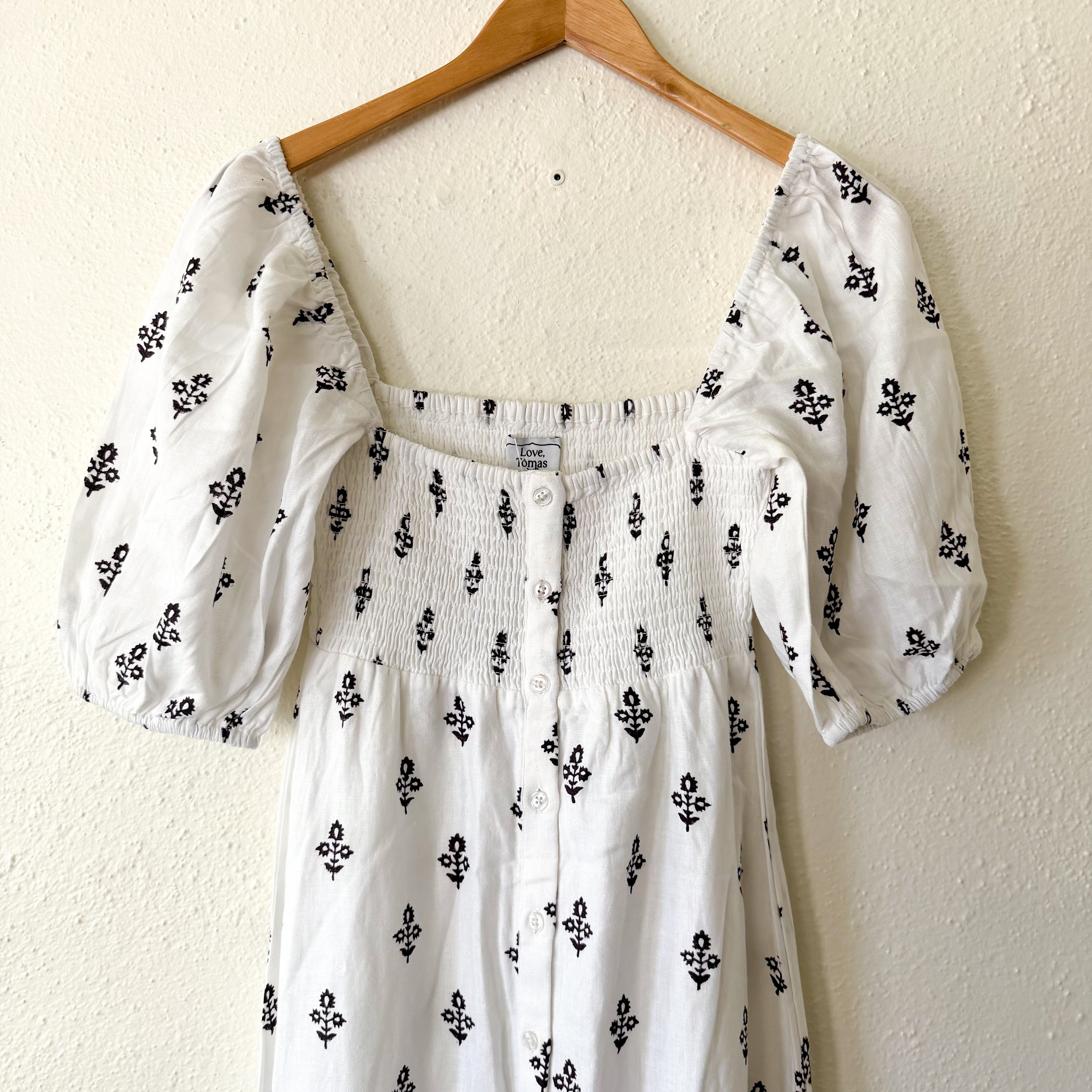 Love, Tomas Emerson Fry Linen Blend Boho Half Sleeve Block Print Maxi Dress | XS