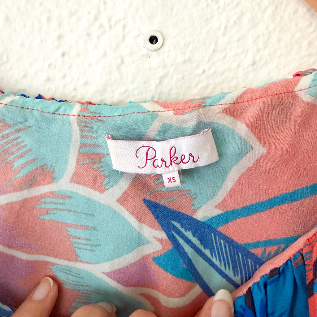 Parker NY Tropical Floral Silk Ruffle Off-The-Shoulder Top | XS