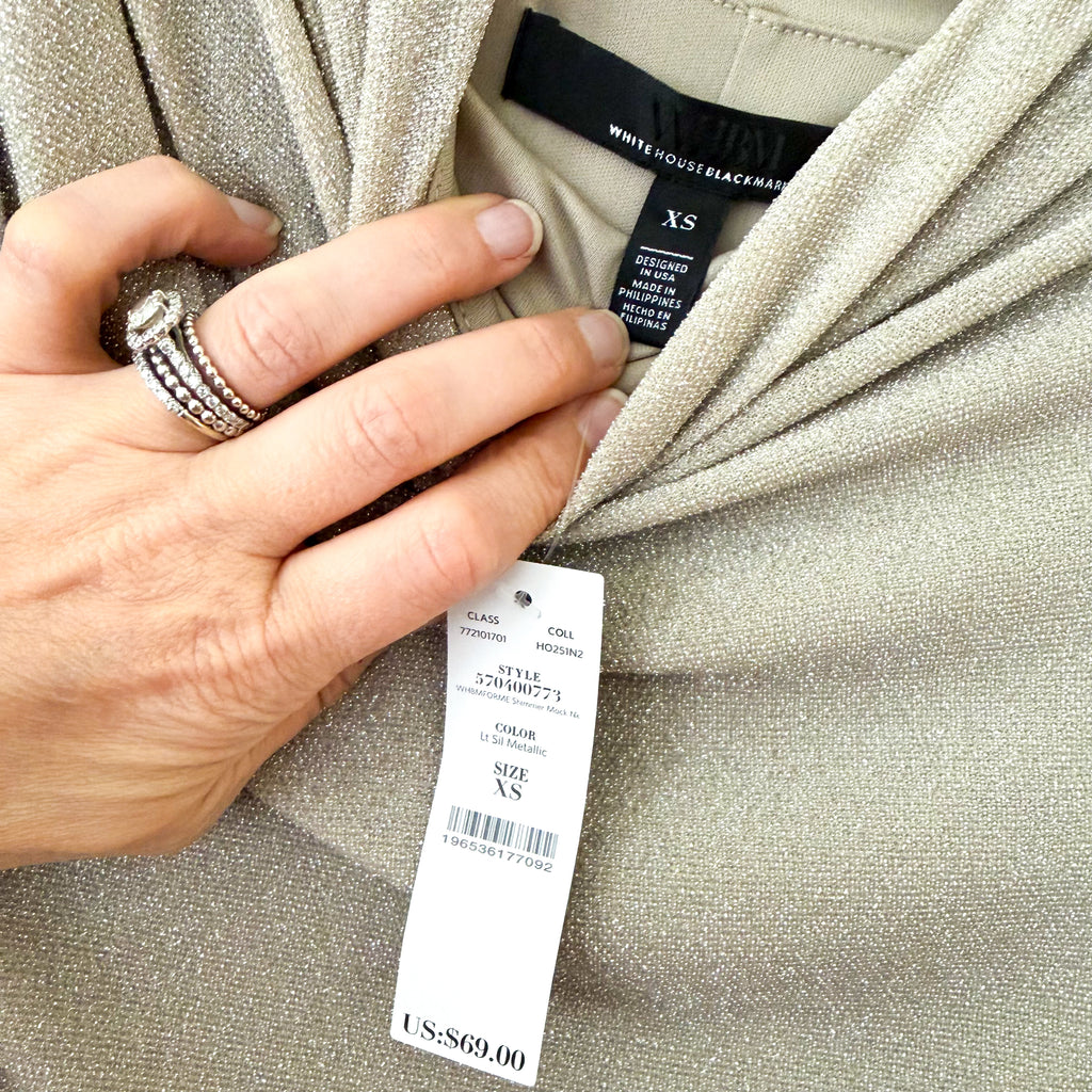 White House Black Market FORME™ Stretch Light Silver Metallic Long-Sleeve Top, sz XS