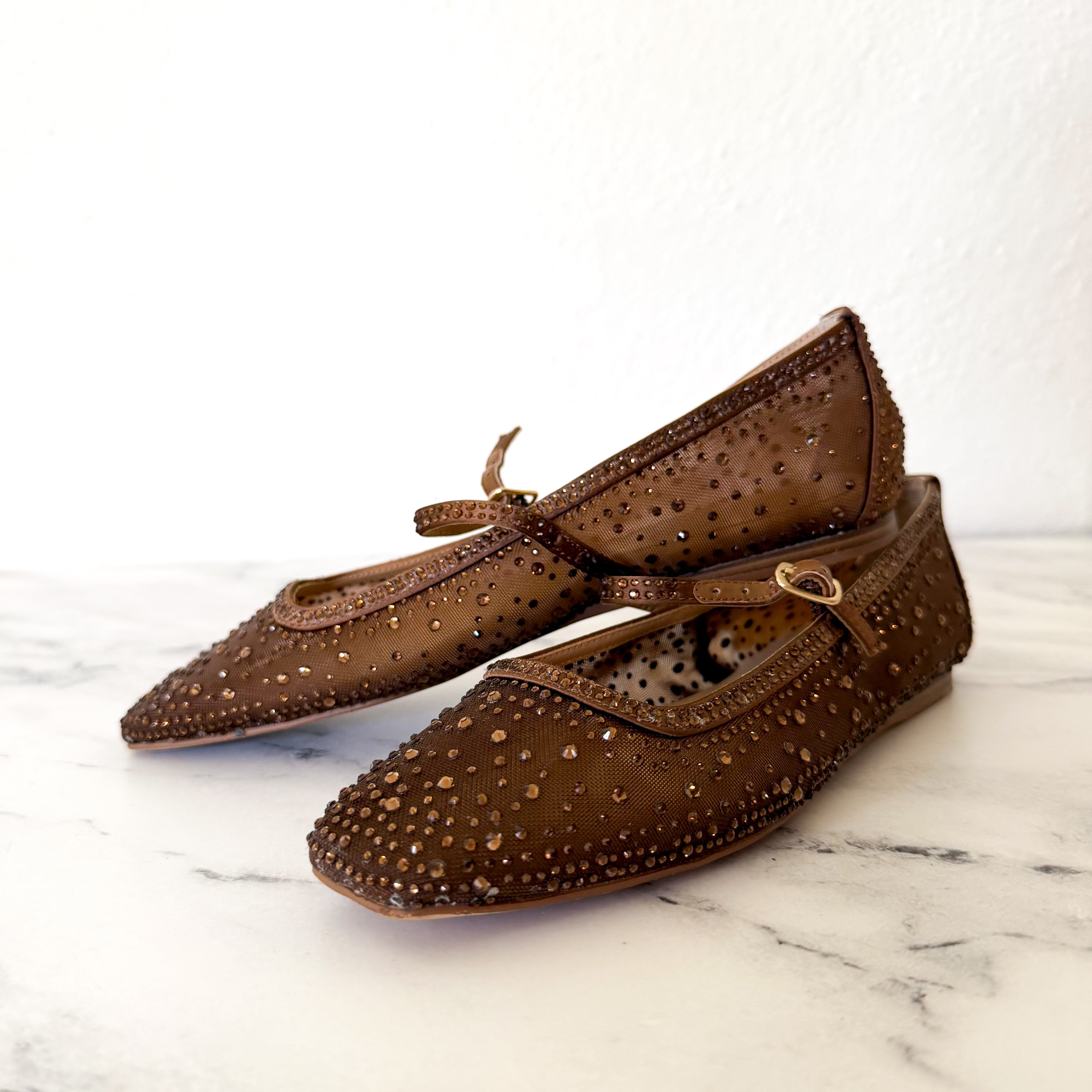 Dolce Vita Reyes Crystal Embellished Ballet Flats in Brown Mesh | 6.5