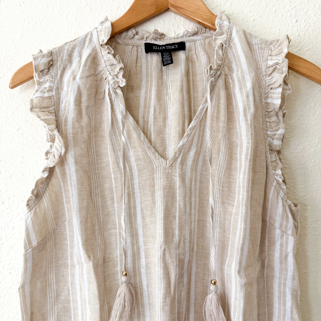 Ellen Tracy Linen Blend Tan Stripe Sleeveless Top | S