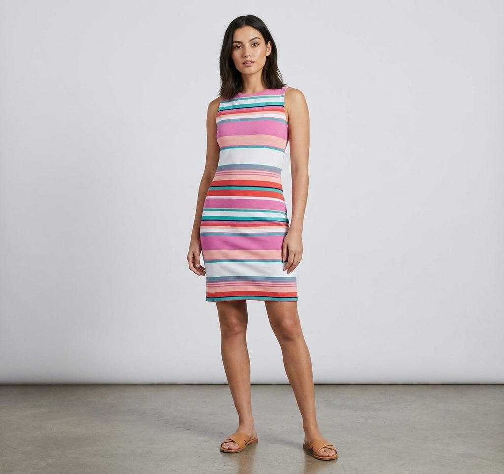 Joules Riva Pink Multi Striped Sleeveless Jersey Sheath Dress | 4