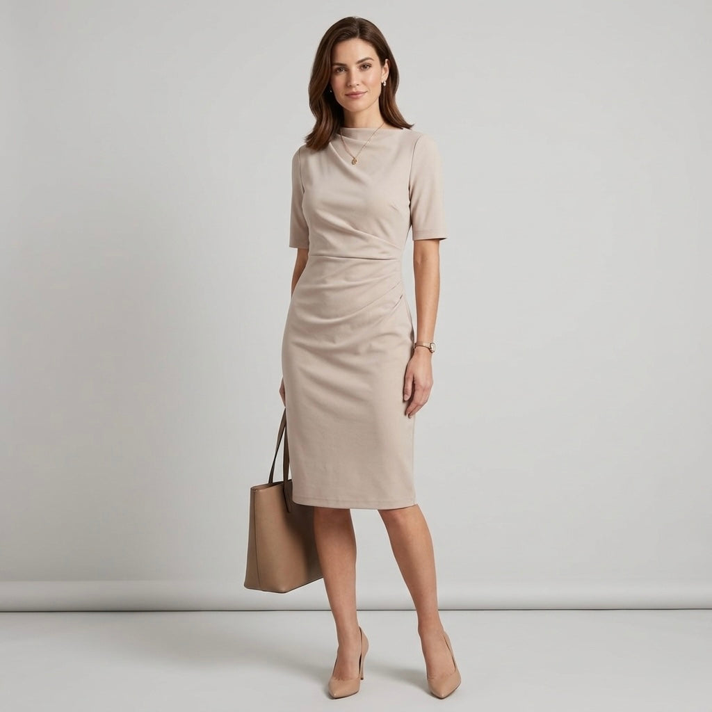 Maggy London Erin Below the Knee Elbow Sleeve Midi Dress in Horn Cream | 0