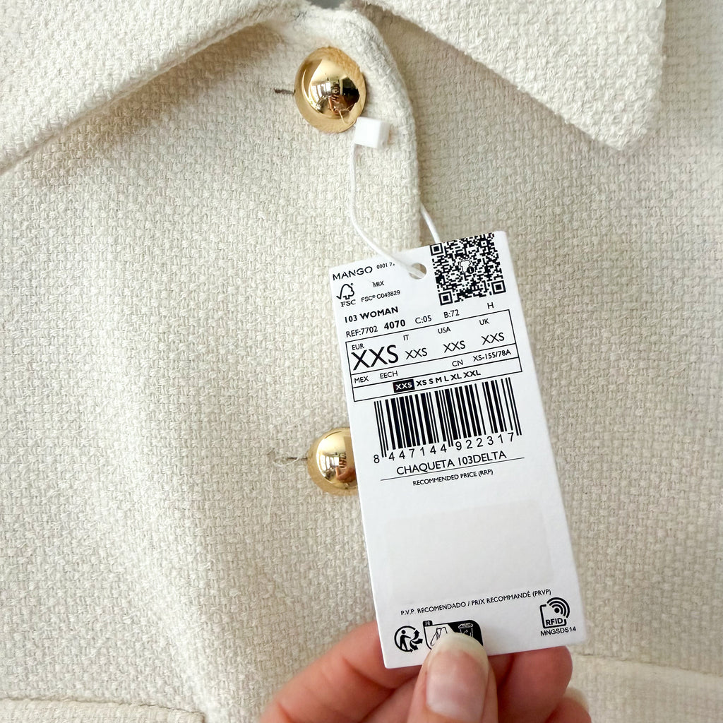 Mango MNG Textured Tweed Italian Fabric Jacket with Gold Buttons in Ecru | XXS