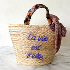 La Vie Est Belle Straw French Market Tote with Braided Leather Handles & Scarf