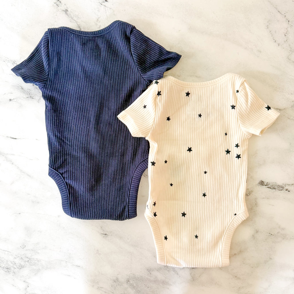 Baby Gap First Favorites Blue Cream Black Textured Short Sleeve Bodysuits Bundle x4 | sz 0-3m