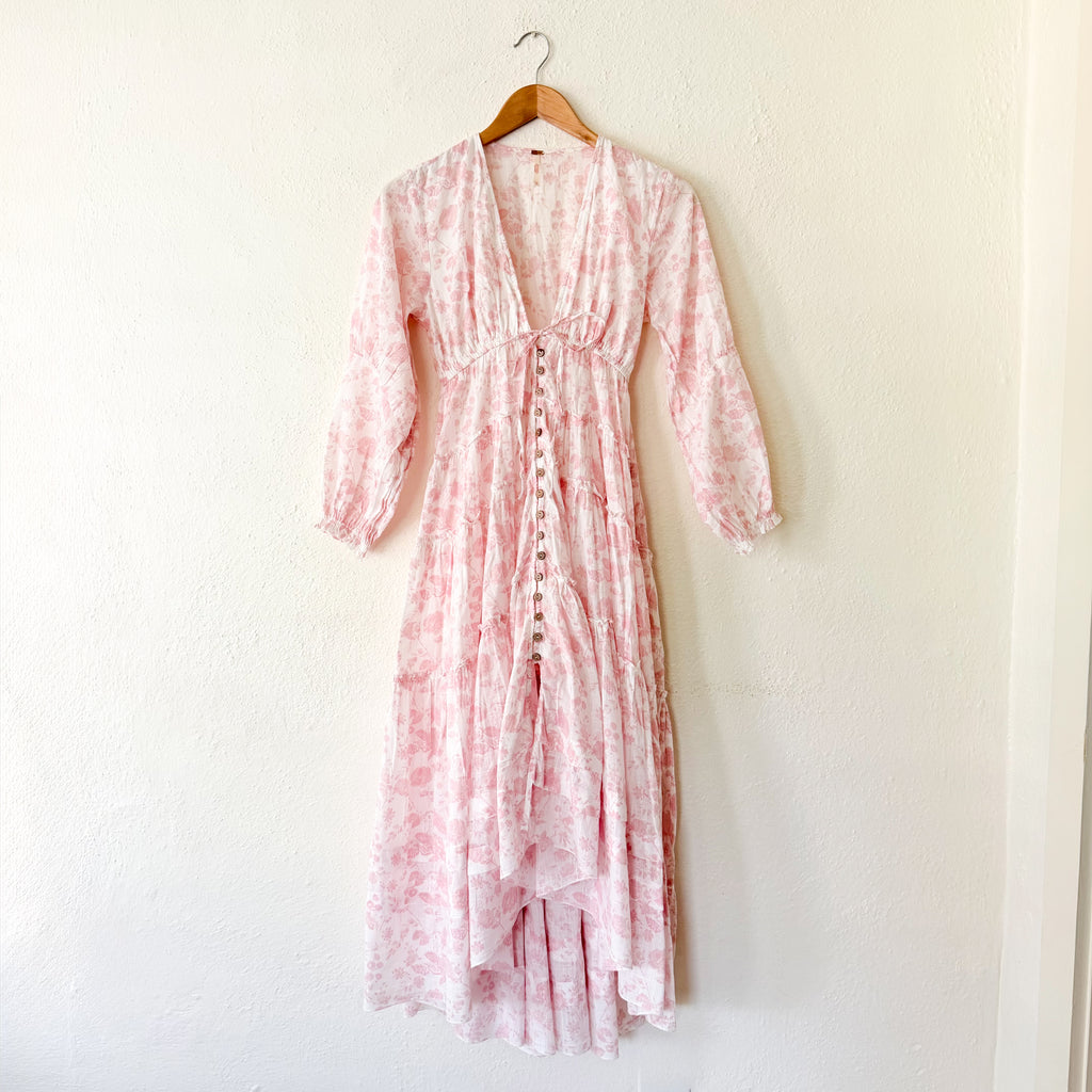 Free People Pappiet Midi Long Sleeve Boho Dress in Pink Ivory Floral | XS
