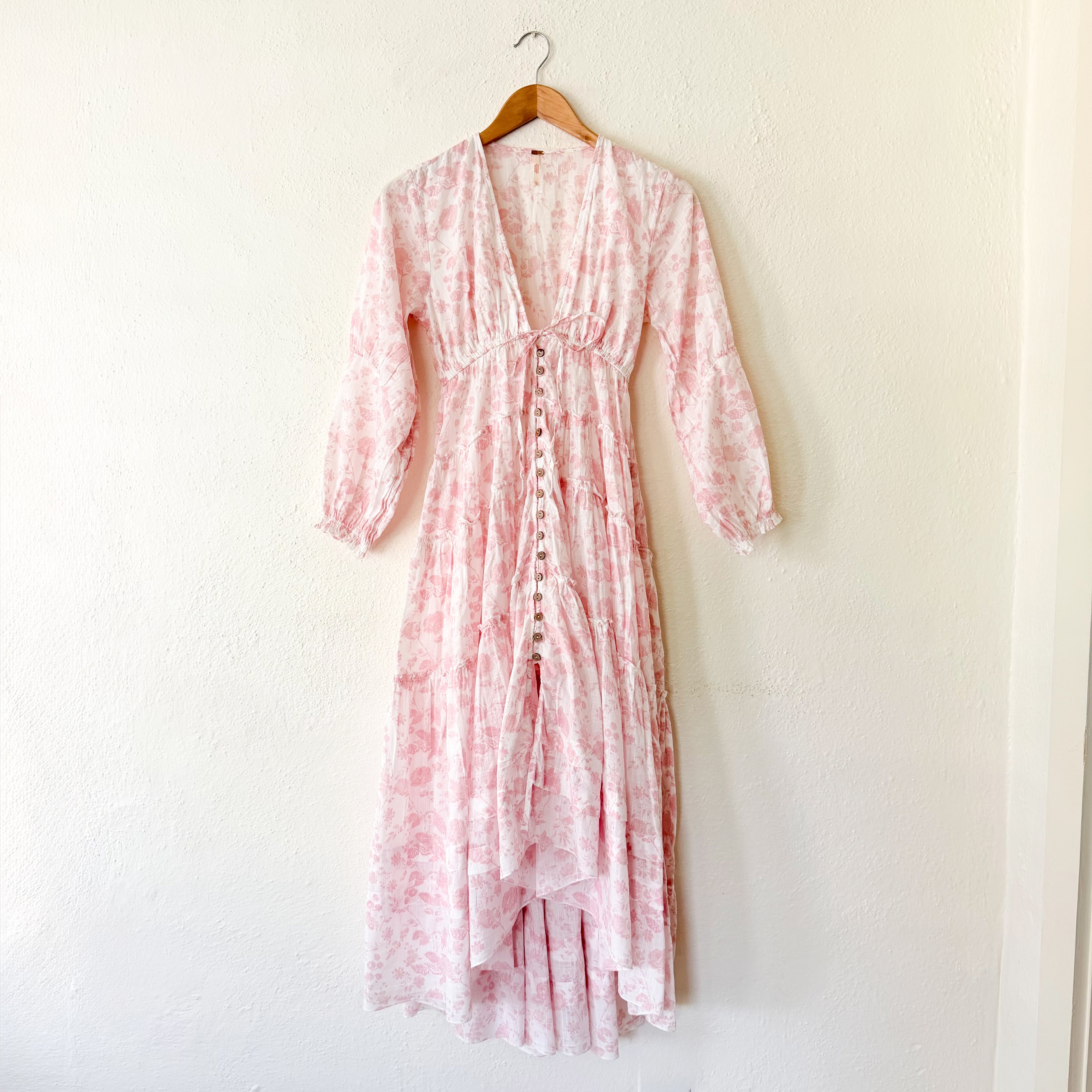 Free People Pappiet Midi Long Sleeve Boho Dress in Pink Ivory Floral | XS