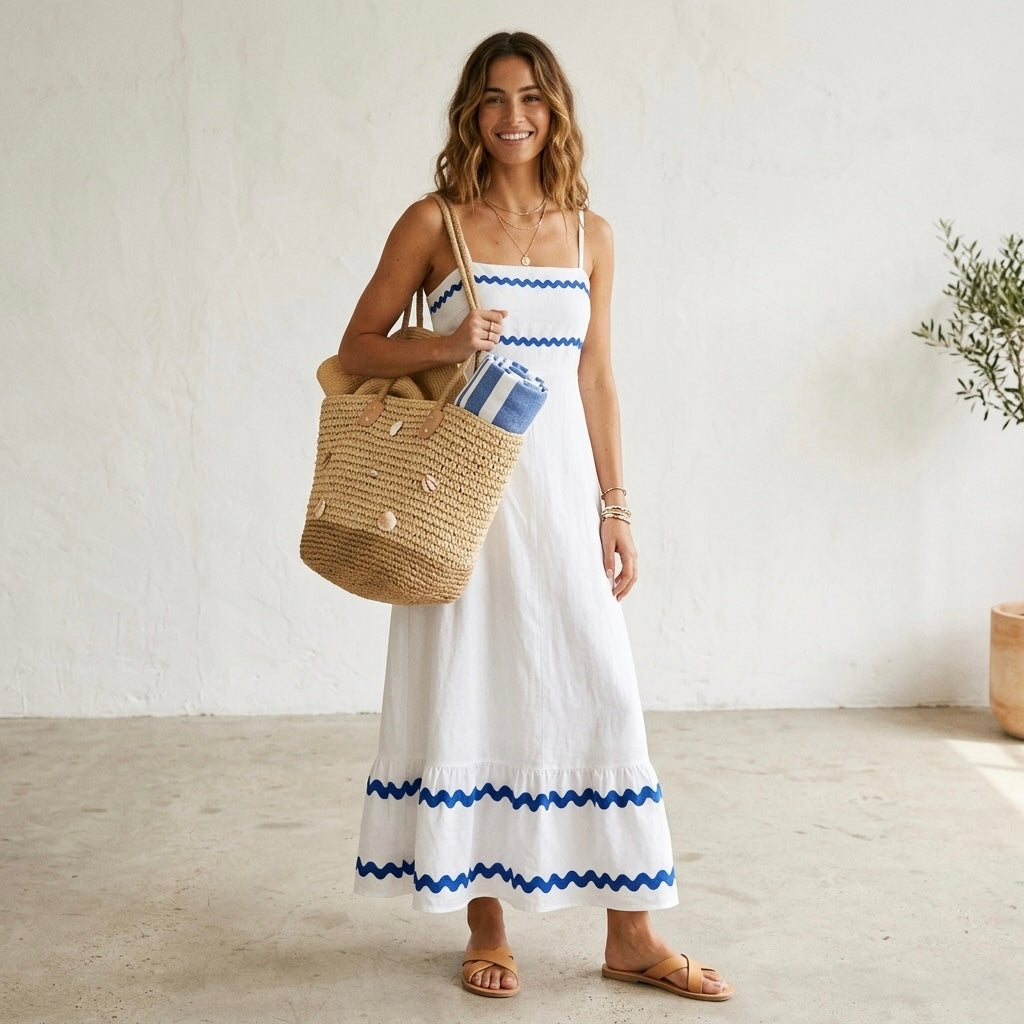 Pretty Garden White Summer Maxi Dress Blue Ric-Rac Trim | S