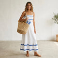 Pretty Garden White Summer Maxi Dress Blue Ric-Rac Trim | S