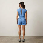 Womens Blue Throw & Go Shortsie Dupe Knit Muscle Sleeve Top Romper | Sm