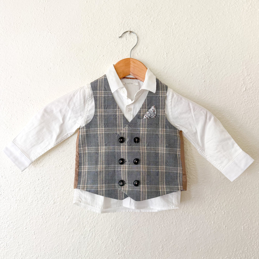 Next Black Taupe Plaid Suit Vest + White Oxford Shirt Set | 9-12m