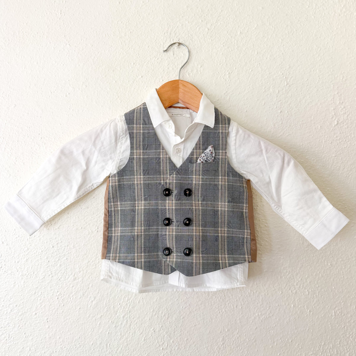 Next Black Taupe Plaid Suit Vest + White Oxford Shirt Set | 9-12m