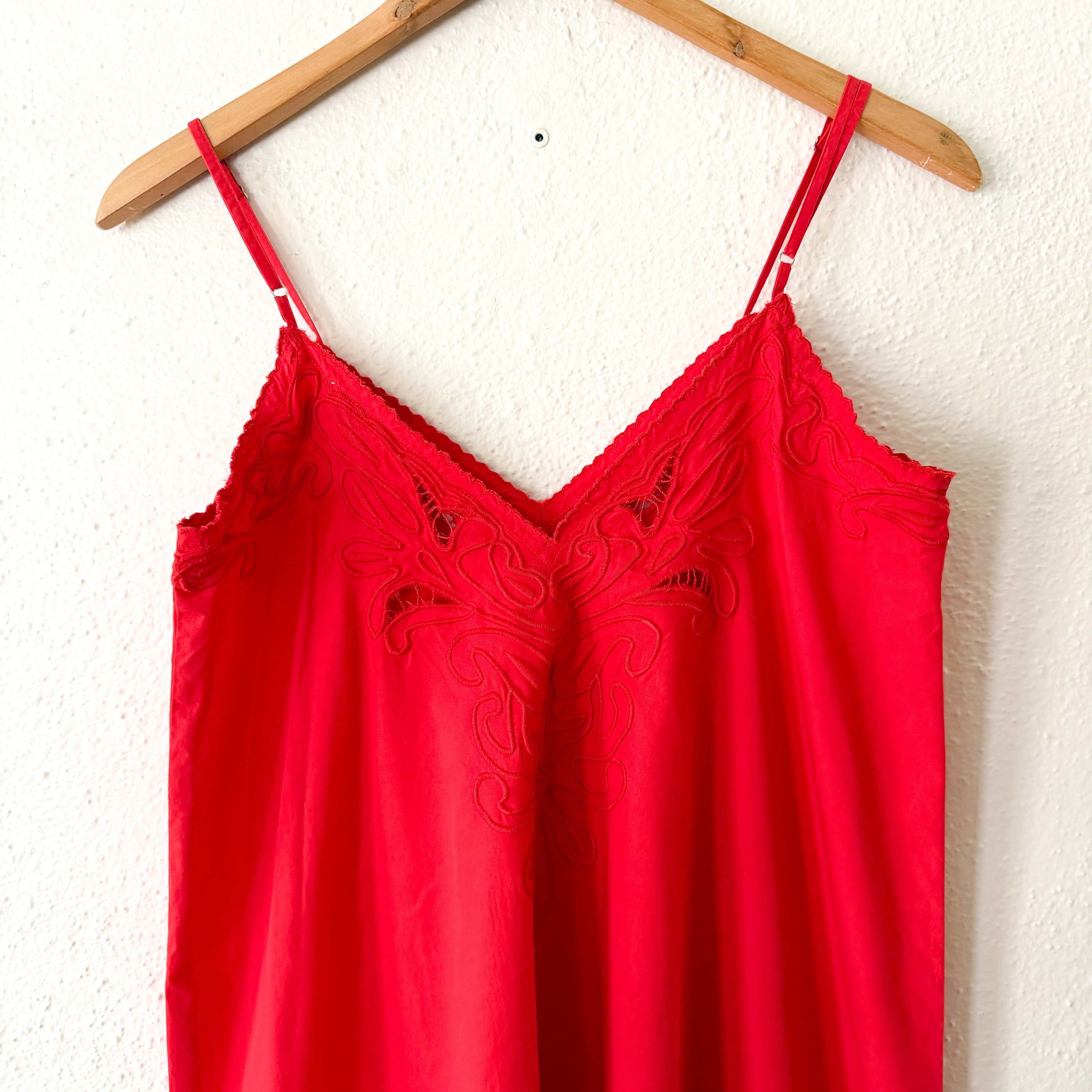 Juliet Dunn London Red Wave Cotton Poplin Strappy Embroidered Lace Midi Slip Dress | sz 1 (S-4/6)