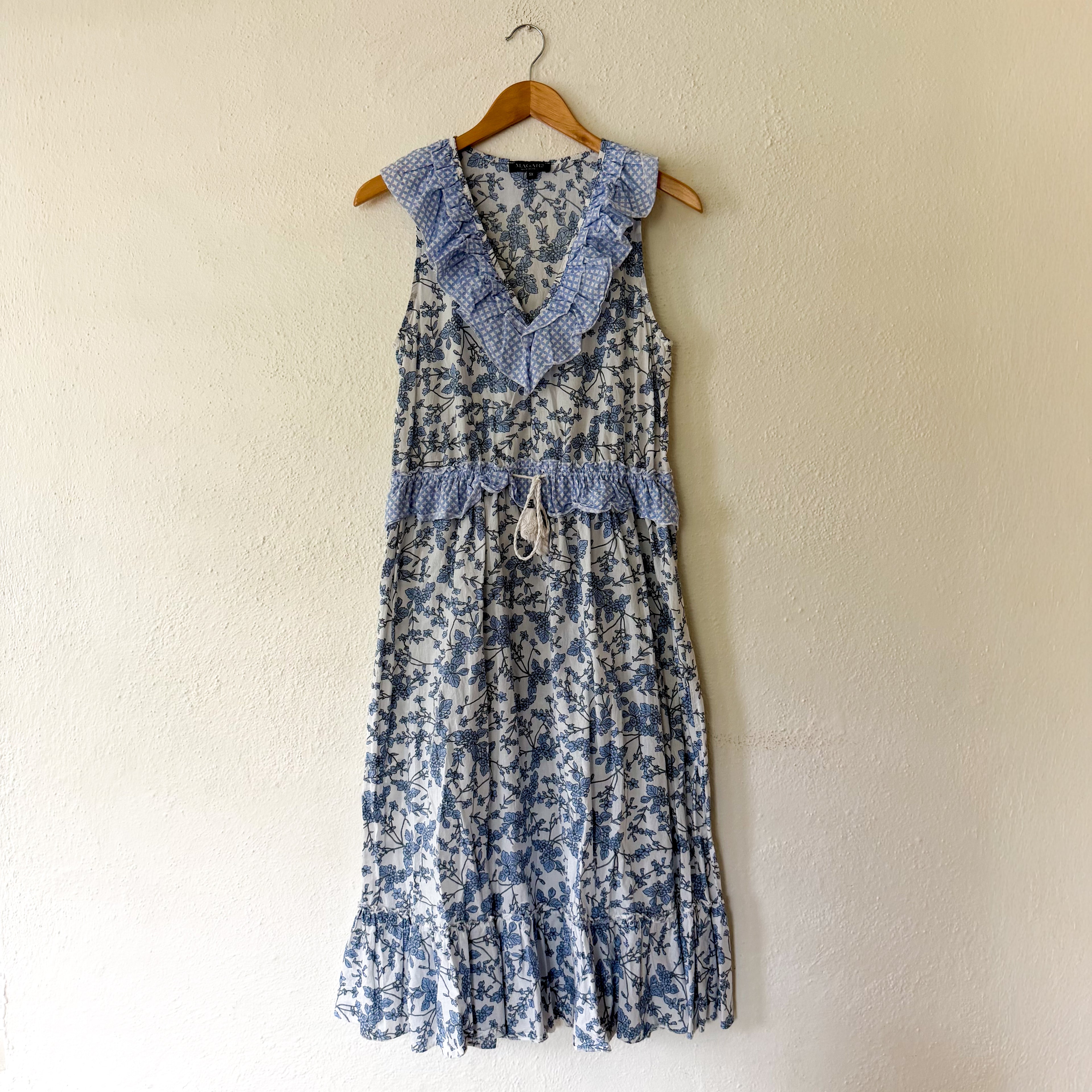 Magari Blue Floral Contrast Yoke Drawstring Wasit Midi Dress | XS