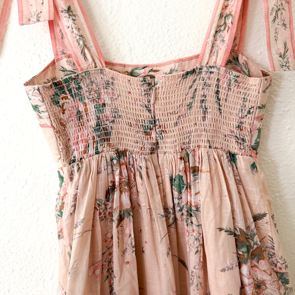 Zimmermann Pink Floral Moonshine Strappy Tie Shoulder Maxi Dress | 0P