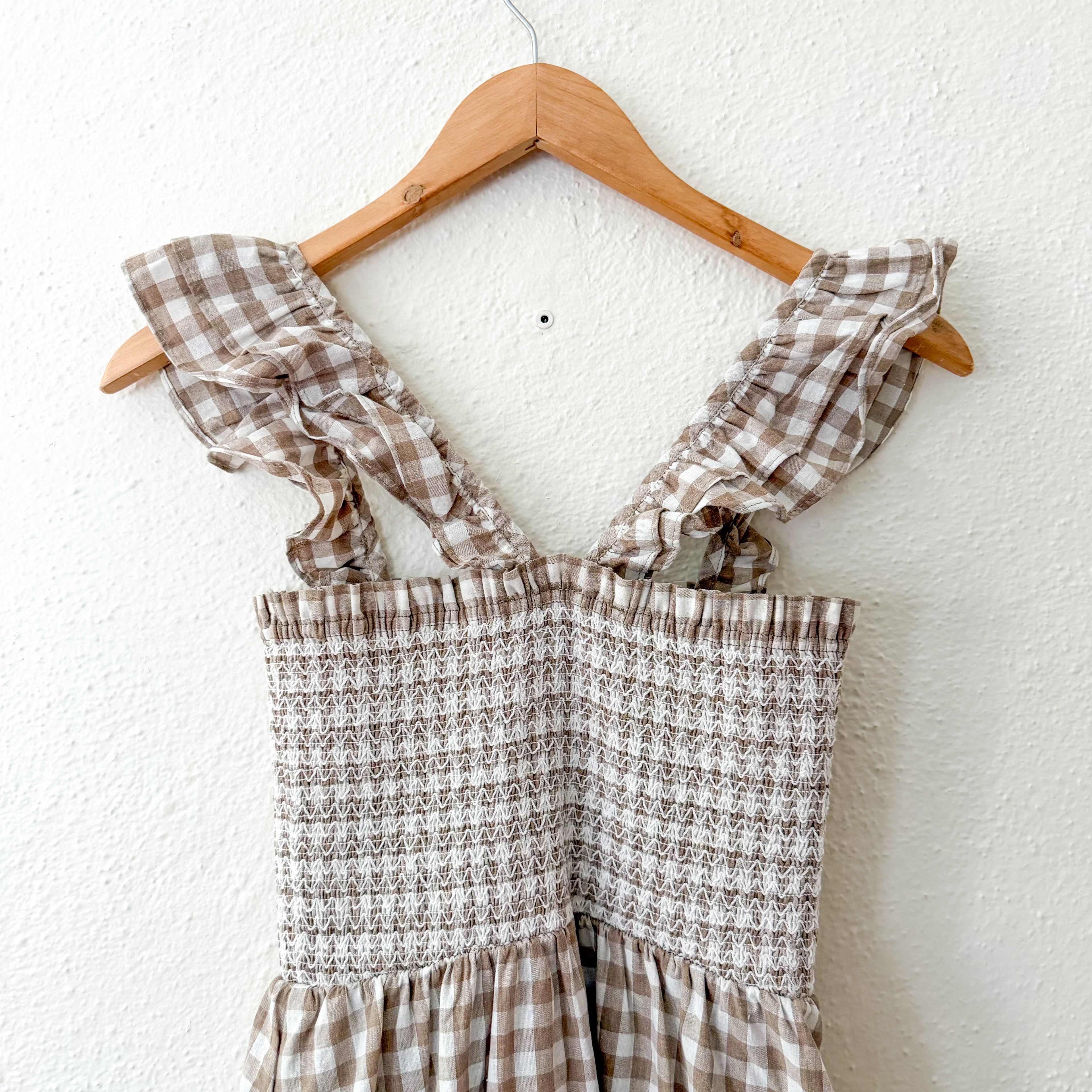 Marea by Liz Joy Sasco Midi Dress in Smocked Tan Dune Gingham | XS