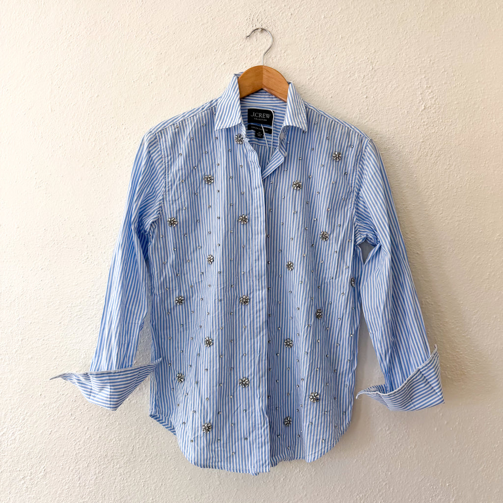 J.Crew Collection Garçon Button Down Rhinestone Embellished Long Sleeve Dress Shirt in Blue Pinstripe | 00